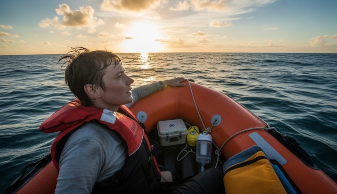 Open water with small craft and signaling gear